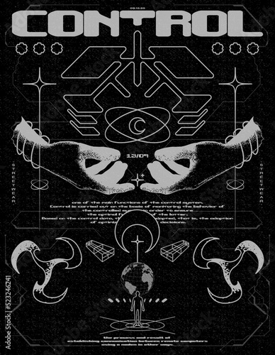 Retro futuristic poster with the mythical hands of "Control". Print with noise, for streetwear, print for t-shirts and sweatshirts on a black background