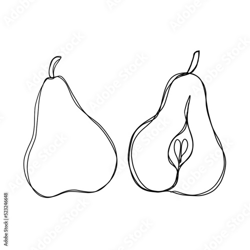Pear fruit in continuous line art drawing style. Minimalist black line sketch...