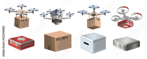 Flat Cardboard Carton Box and medicak kit Pack. 3D Pack Vector Isolated Box.Collection of delivery drones with boxes and medical kit. Set of drones vector illustration graphic design