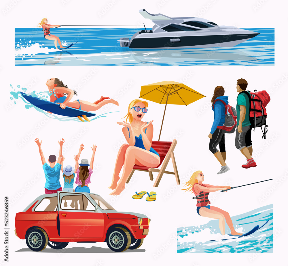 collection with vacationing people, surfing, tourists, beach, hitchhiking, family vacation, girl water skiing