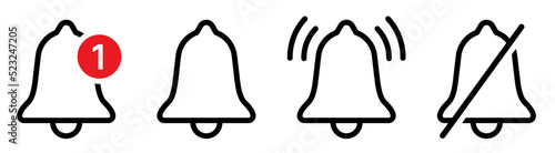 Notification bell icon set. New message notification bell icon. Alarm signs. Isolated. Editable stroke. Vector illustration