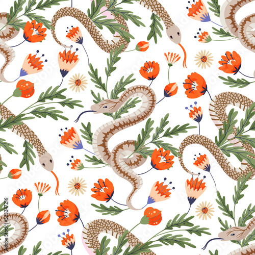 Snake and flower vintage seamless pattern. Tropical animal and rose flower fabric snake art 