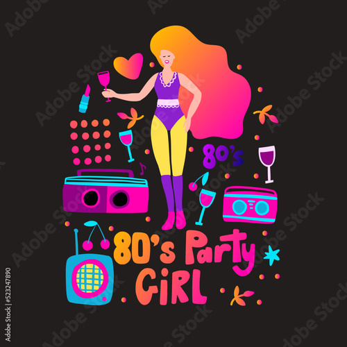 Disco party 70s 80s. Woman drink cocktail retro night party poster. Club boombox radio flyer
