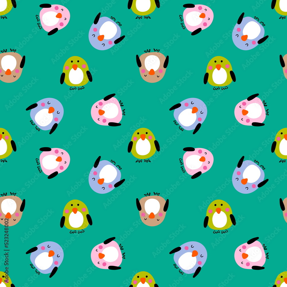 Hand drawn summer seamless pattern with multicolored penguins. Perfect for T-shirt, textile and print. Doodle style illustration for decor and design. Hand drawn summer seamless pattern with multicolored penguins. Perfect for T-shirt, textile and print. Doodle style illustration for decor and design.