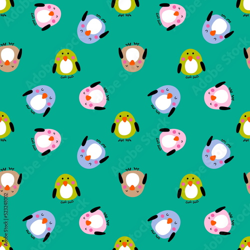 Hand drawn summer seamless pattern with multicolored penguins. Perfect for T-shirt, textile and print. Doodle style illustration for decor and design.