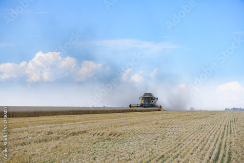 Combine harvesters with grain header, wide chaff spreader reaping cereal ears. © o_lypa