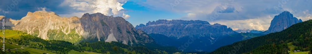 Dolomites in Sunset Time, Panoramic View of  Dolomite Mountains, Val Gardena, South Tyrol, Italy
