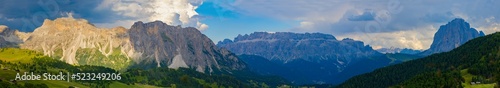 Dolomites in Sunset Time, Panoramic View of Dolomite Mountains, Val Gardena, South Tyrol, Italy