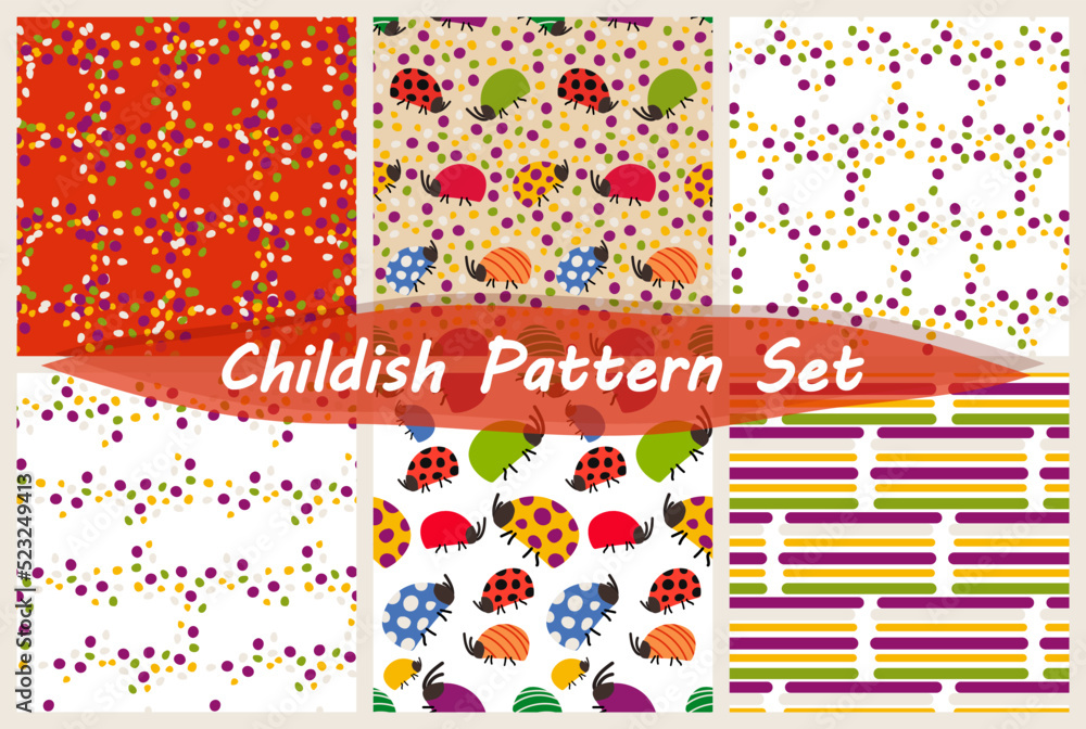 Fototapeta premium Set of 6 seamless pattern with cute hand drawn colorful bugs with funny dots Simple flat cartoon style Vector illustration for wrapping paper, textile, fabric, packaging, nursery decoration