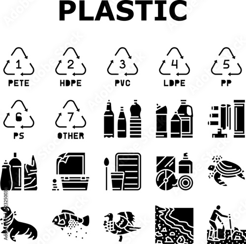 Plastic Waste Nature Environment Icons Set Vector. Bottle And Container, Package Bag, Bird And Turtle, Seal And Fish With Plastic Waste. Volunteer Cleaning Beach Glyph Pictograms Black Illustrations
