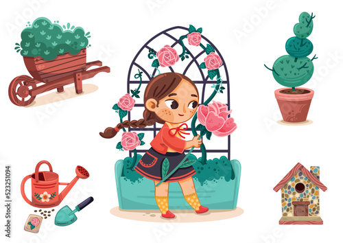 Cartoon vector set on the theme of gardening with a little girl content.