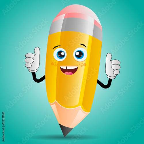 Yellow pencil cartoon character education mascot giving a thumbs up on green background.