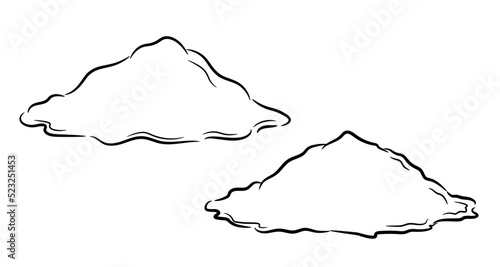 A set of illustrations of heaps of loose powder. Black outline of a serving of spices in a sketch style. Isolated vector illustration.