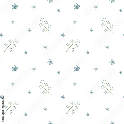 Blue watercolor branch with flowers seamless pattern on white background. Floral botanical design