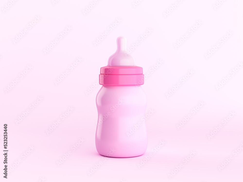 Pink baby bottle milk on pink pastel background. 3d rendering