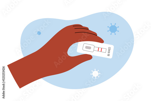 Positive test result for covid-19 virus, holding in hand rapid test for covid infection showing two red lines, performing medical check at home using express antigen test, lateral flow analysis