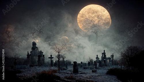 Mystical ancient graveyard under cloudy sky with super moon photo