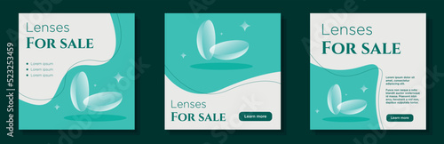 Optical lenses social media post, banner set, optics products store advertisement concept, eye sight marketing square ad template, green modern abstract print, isolated on background