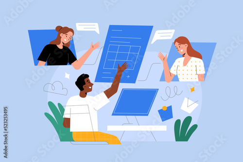 Team collaborating, working on online document together simaltaneously, editing and commenting, multiple users co-authoring in real-time, project manager character, video conference illustration