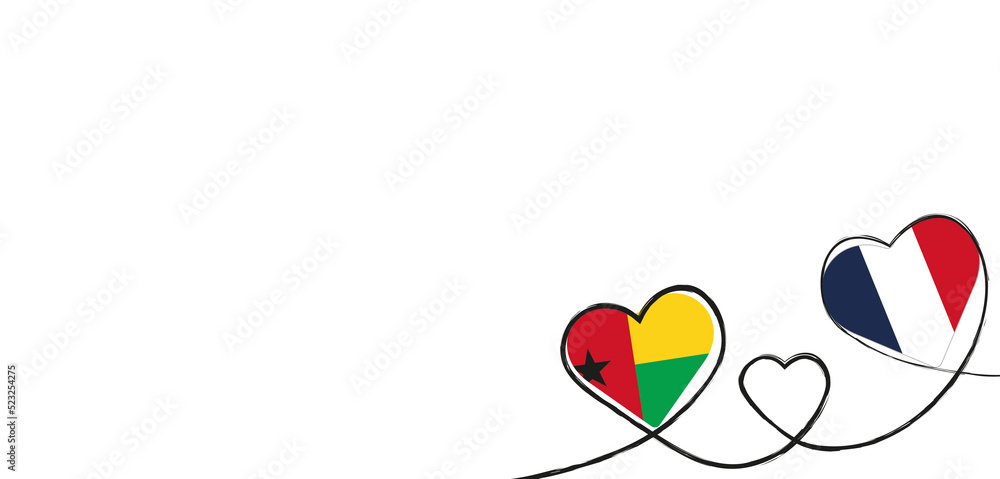 Drei Herzen mit der Fahne von Frankreich und Guinea-Bissau