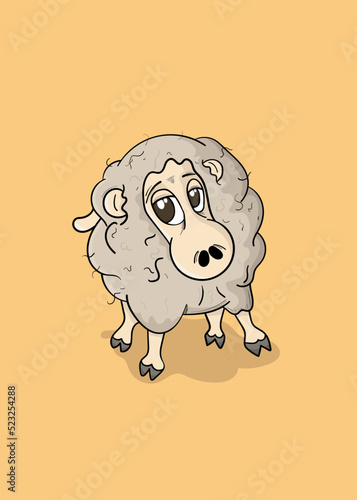 Light brown cute funny sheep on a yellow background cartoon vector illustration
