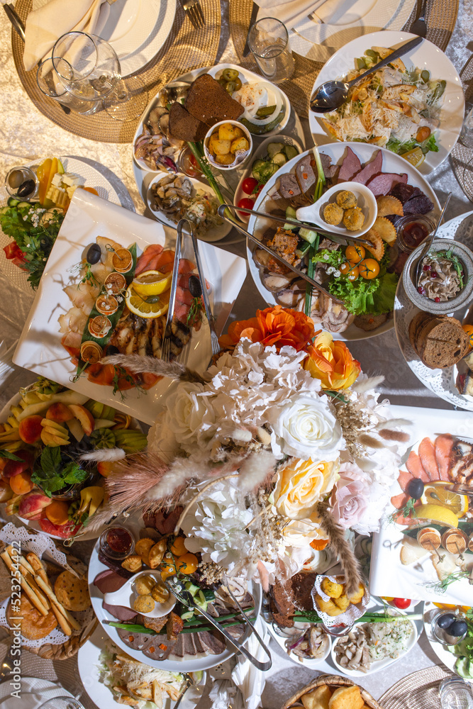 top view of the festive banquet table at the event top view top view of the festive banquet table at the event top view