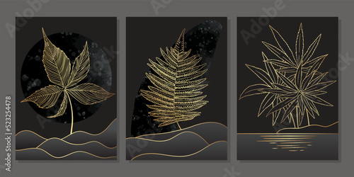 Set of luxury gold wall art. Golden leaves, branches, fern, palm tree. Abstract minimalist linear landscape on black background