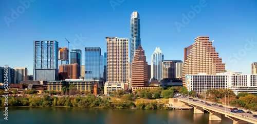 Downtown Austin Texas skyline with view of the Colorado river