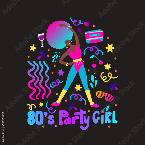Disco party 70s 80s. Woman boombox aerobic dance retro night party poster. Retro Music Club Fashion