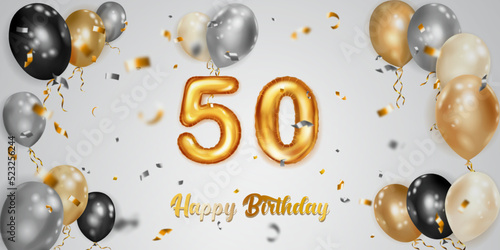 Festive birthday illustration with white, black and gold helium balloons, big number 50 golden foil balloon, flying shiny pieces of serpentine and inscription Happy Birthday on light background