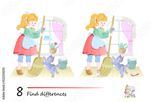 Find 8 differences. Illustration of little girl sweeping floor with her cat. Logic puzzle game for children and adults. Page for kids brain teaser book. Developing counting skills. Vector drawing.