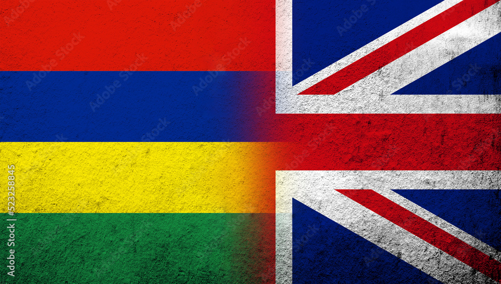 National flag of United Kingdom (Great Britain) Union Jack with The Republic of Mauritius National flag. Grunge background