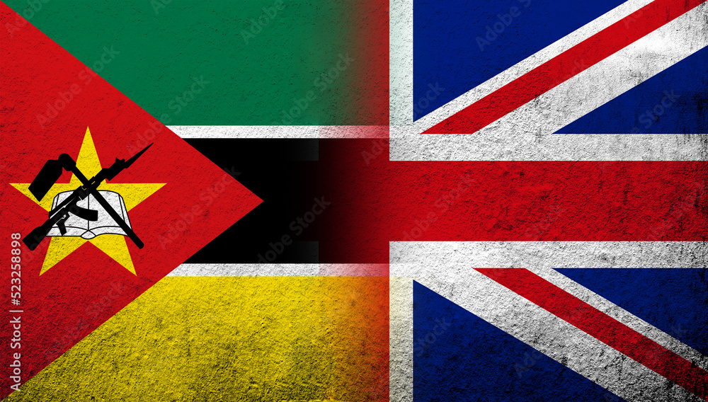 Fototapeta premium National flag of United Kingdom (Great Britain) Union Jack with The Republic of Mozambique National flag. Grunge background