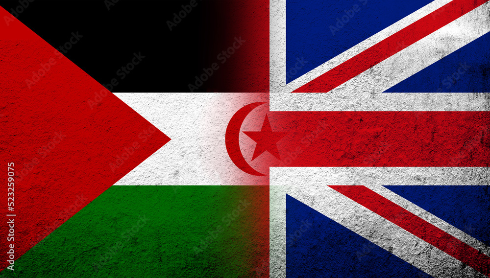 Fototapeta premium National flag of United Kingdom (Great Britain) Union Jack with The Sahrawi Arab Democratic Republic Western Sahara national flag. Grunge background