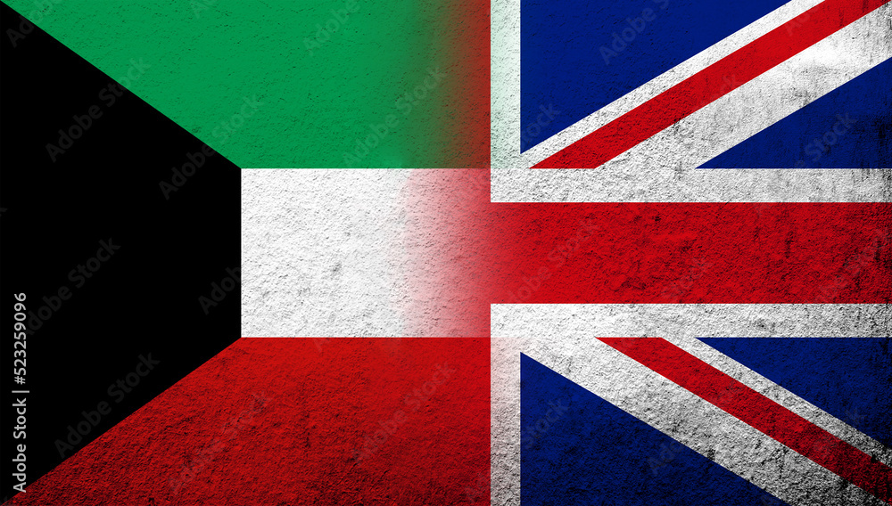 Fototapeta premium National flag of United Kingdom (Great Britain) Union Jack with The State of Kuwait National flag. Grunge background