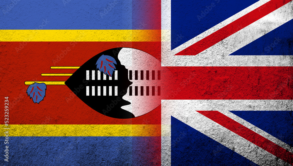 National flag of United Kingdom (Great Britain) Union Jack with Eswatini Swaziland National flag. Grunge background