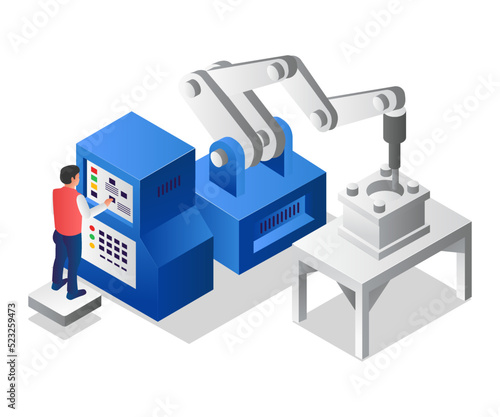 Male operator is running a futuristic cnc machine