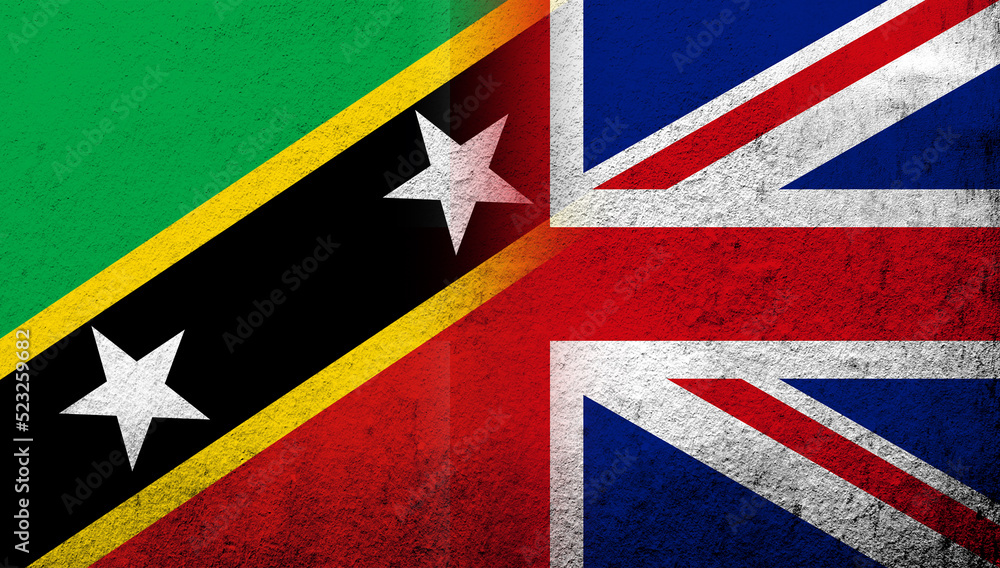 Fototapeta premium National flag of United Kingdom (Great Britain) Union Jack with Saint Kitts and Nevis National flag. Grunge background