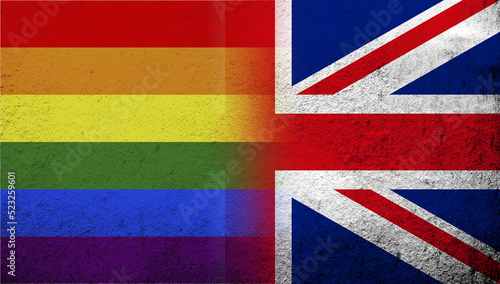 National flag of United Kingdom (Great Britain) Union Jack with Rainbow LGBT pride flag. Grunge background
