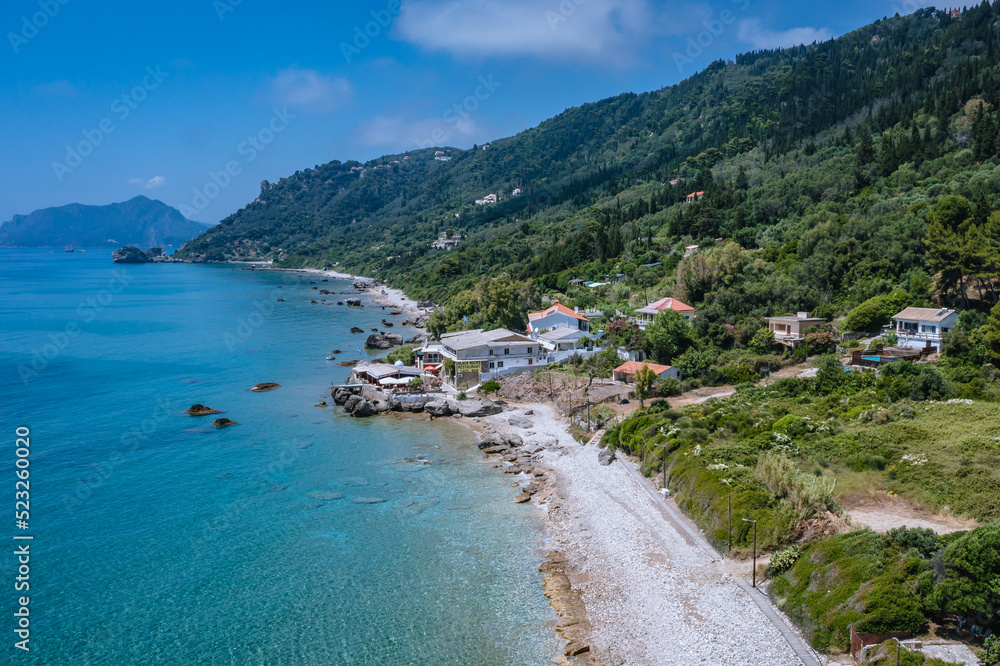 Drone photo of Ionian Sea beach in Agios Gordios village, Corfu Island, Greece