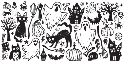 Horror set of Halloween sticker sketch set. Big set of hand drawn doodle. Collection halloween and magic elements. Pumpkins  ghost  skull  black cat  pot  hat.