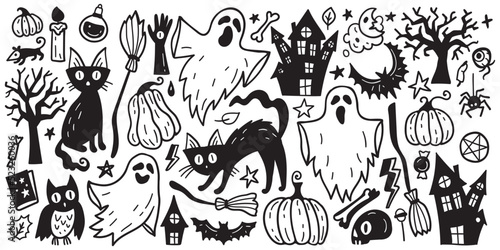 Horror set of Halloween sticker sketch set. Big set of hand drawn doodle. Collection halloween and magic elements. Pumpkins, ghost, skull, black cat, pot, hat.