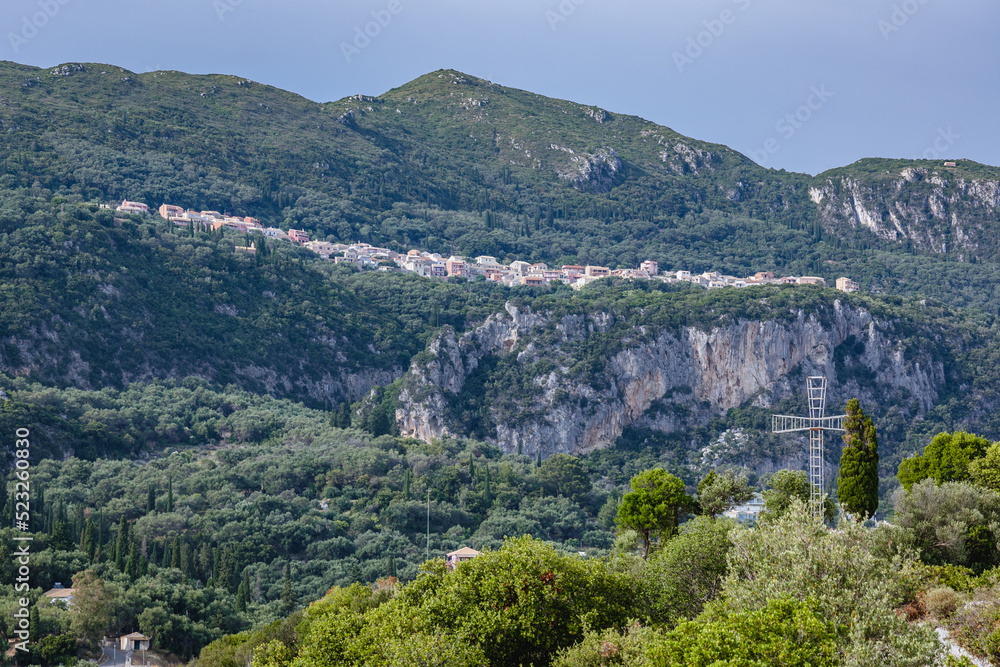 Lakones village, view from Palaiokastritsa village, Corfu Island in Greece