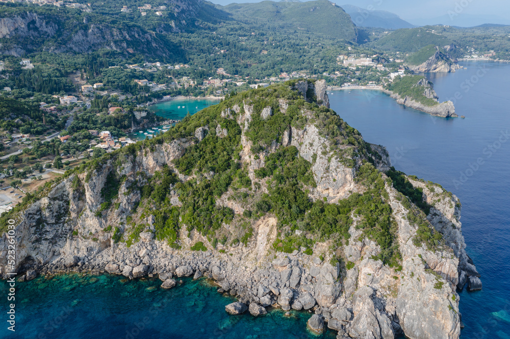 Drone view on rock mountain in Palaiokastritsa village, Corfu Island in Greece