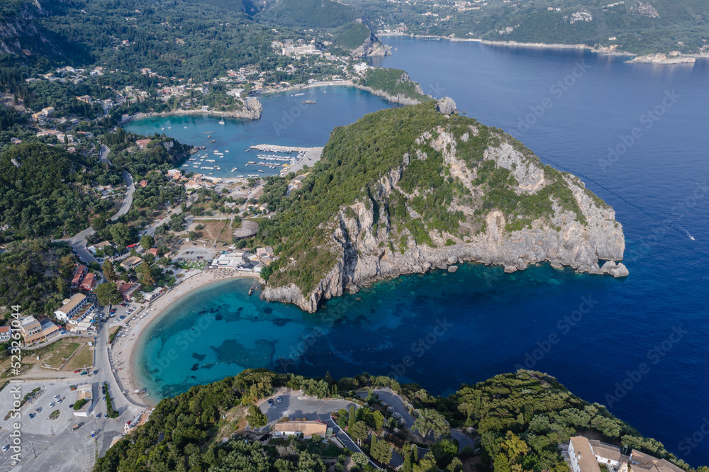 Drone photo of Ampelaki Bay in Palaiokastritsa village, Corfu Island in Greece