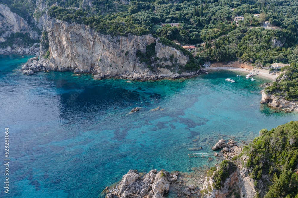 View with Ampelaki Beach in Palaiokastritsa village, Corfu Island, Greece