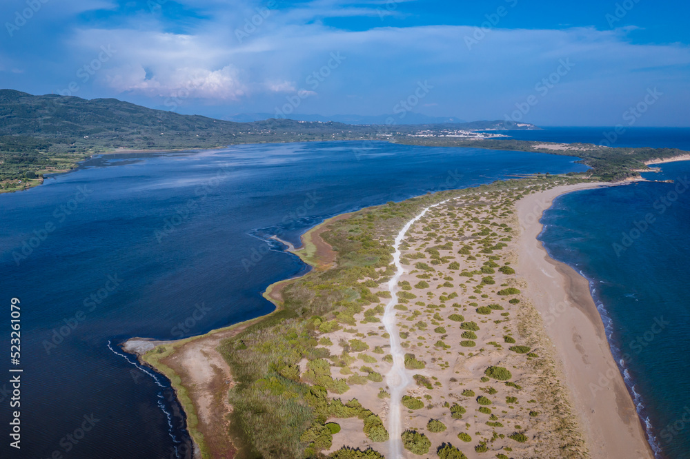 Drone photo of Ionian Sea and Korission lagoon, Corfu Island in Greece