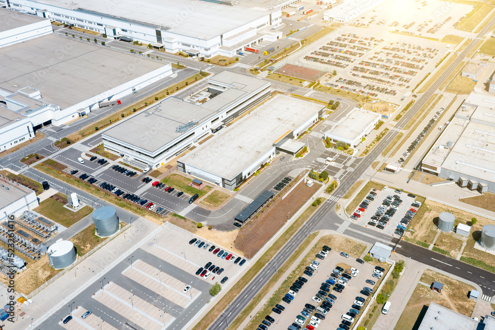 Aerial view of a large modern factory, large production, factory premises, factory city
