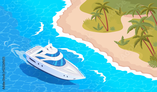 Isometric tropical island and white boat at the beach vector illustration
