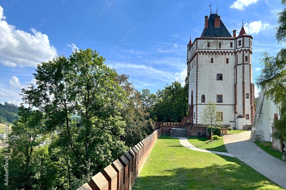 the Neo-Gothic tower of the Hradec nad Moravici castle
